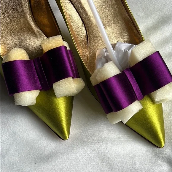 Kate Spade Latrice Satin Lime Green/Royal Purple Bow Pumps - Picture 5 of 9